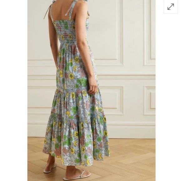 Tory Burch Tiered Shirred Floral-Print Cotton-Blend Poplin Maxi Dress Smocked - Picture 5 of 6